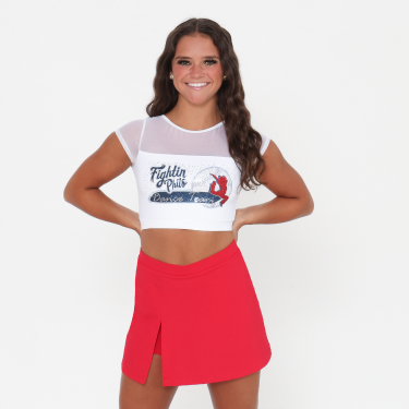 A young women wearing a red skirt and white top with Logowear